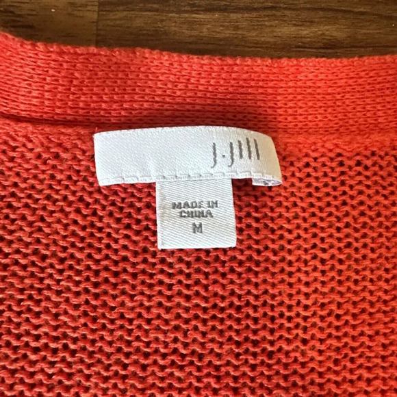 J. Jill Linen Blend Long Cardigan Tunic Sweater Button Size M Orange Open Knit - Picture 2 of 5